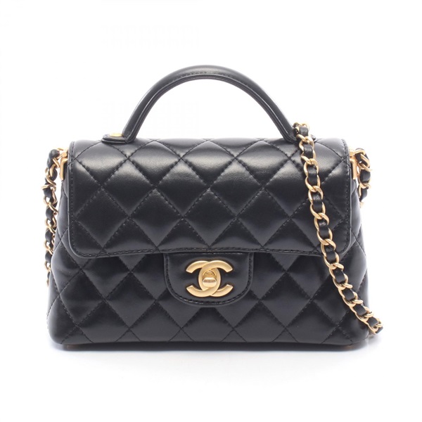 CHANEL Matelasse Top Handle Small Flap Shoulder Hand Bag leather Black Used GHW