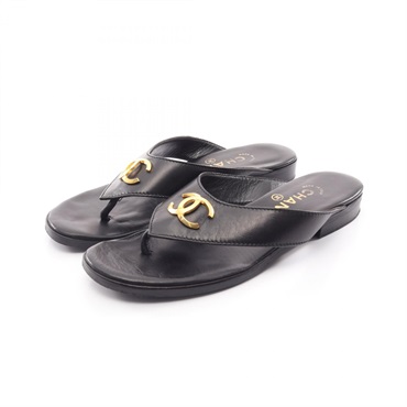 CHANEL COCO Mark Sandals Flip-flops Flat Shoes #37 leather Black Used Women CC