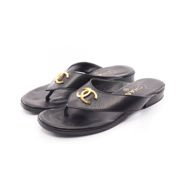 CHANEL COCO Mark Sandals Flip-flops Flat Shoes #37 leather Black Used Women CC