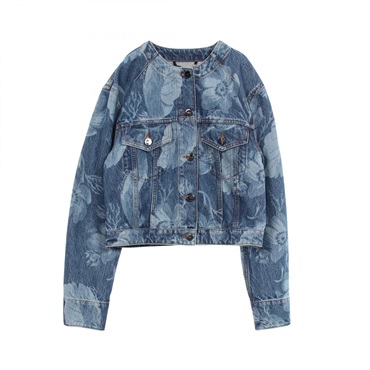 FENDI Floral print Cropped Collarless Denim Jacket #38 FLF817 cotton Blue Used