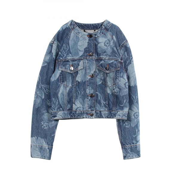 FENDI Floral print Cropped Collarless Denim Jacket #38 FLF817 cotton Blue Used
