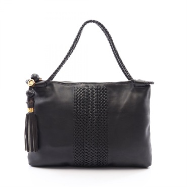 GUCCI Woven Web Tassel Tote hand Bag 263952 leather Black Used Women