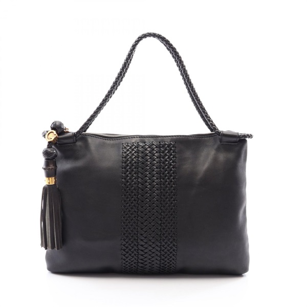 GUCCI Woven Web Tassel Tote hand Bag 263952 leather Black Used Women