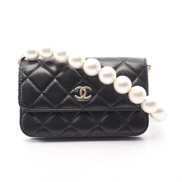 CHANEL Matelasse Pearl Chain WOC Shoulder Handbag Wallet leather Black GHW Used