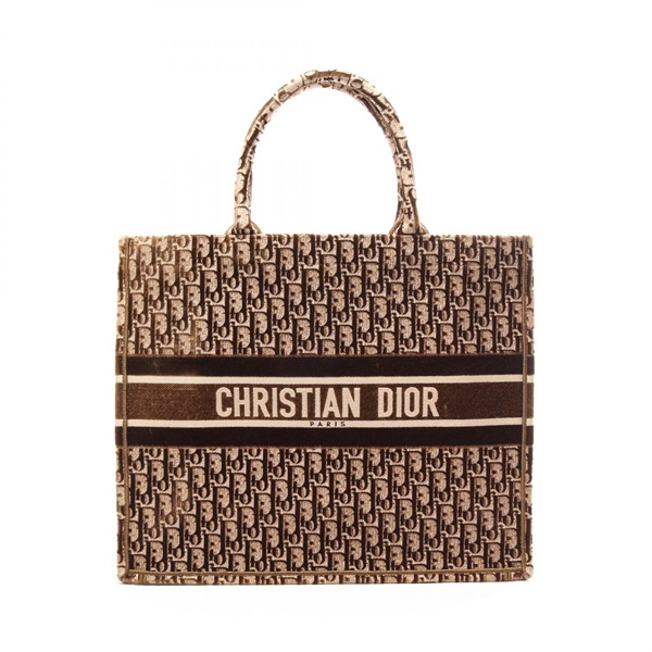 Christian Dior BOOK TOTE Large Square Handbag Fabric Brown Used Women