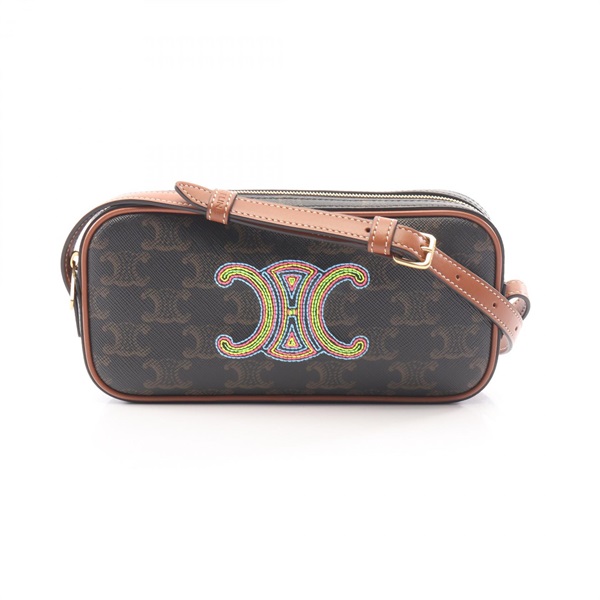CELINE Cuir Triomphe Mini Camera Shoulder Bag canvas leather Black Brown used