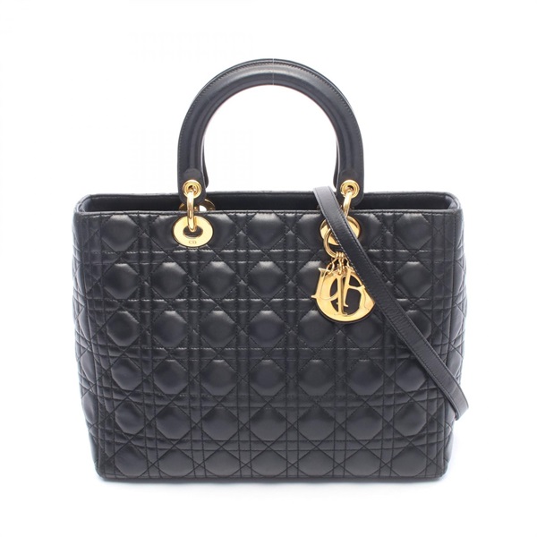 Christian Dior Lady Dior Large shoulder tote Handbag leather Black Used Women