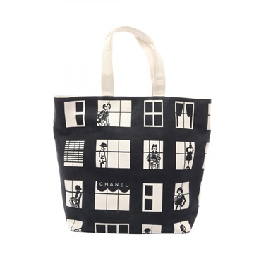 CHANEL Window line Tote Handbag canvas Black White GHW Used Women Coco CC