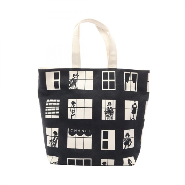 CHANEL Window line Tote Handbag canvas Black White GHW Used Women Coco CC
