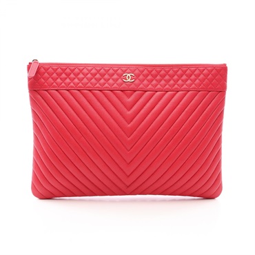 CHANEL Chevron V Stitch Clutch Bag Pouch Grained Calfskin leather Red GHW Used