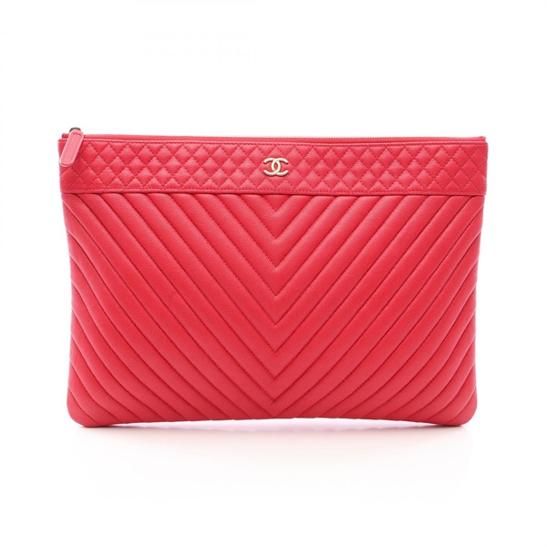 CHANEL Chevron V Stitch Clutch Bag Pouch Grained Calfskin leather Red GHW Used