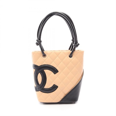 CHANEL Cambon Line Small Tote Bucket Handbag A25166 leather Beige Black SHW Used
