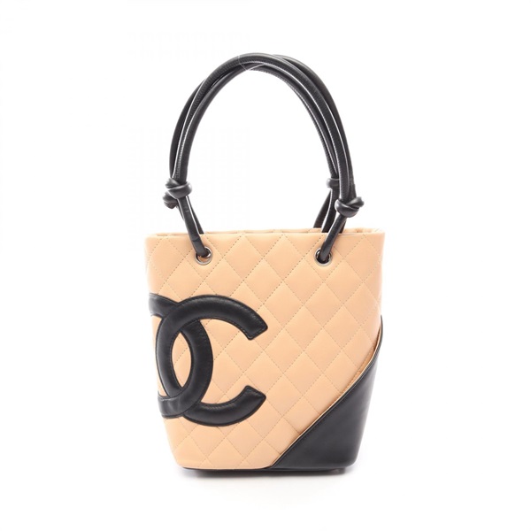 CHANEL Cambon Line Small Tote Bucket Handbag A25166 leather Beige Black SHW Used