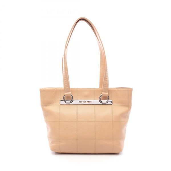 CHANEL Chocolate bar Tote shoulder Bag Calfskin leather Beige Used Women SHW