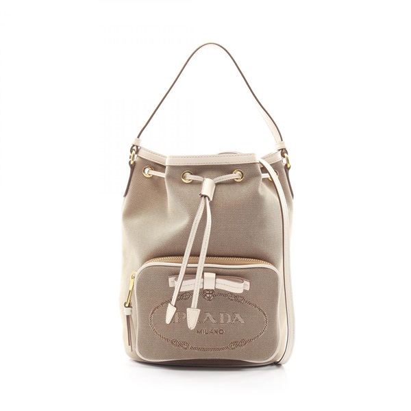 PRADA LOGO JACQUARD Shoulder Handbag canvas leather Beige White Brown Used Women