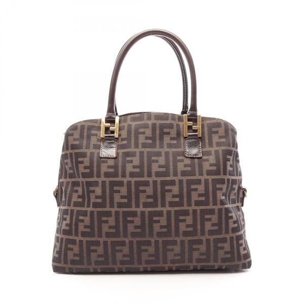FENDI Zucca Zippered Tote Handbag canvas leather Brown Black GHW Used Women FF