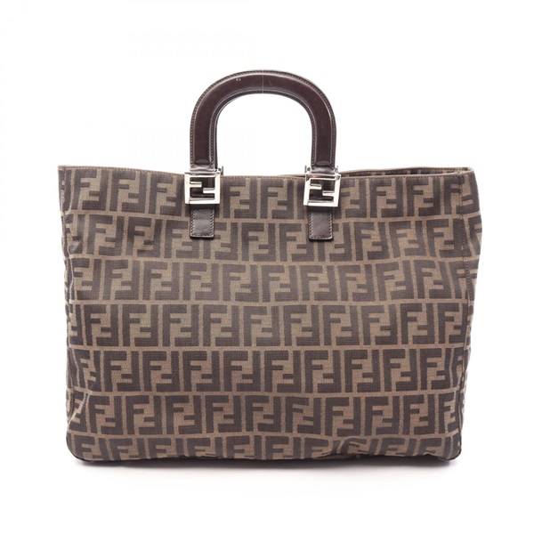 FENDI Zucca Square Tote Handbag 26329 canvas leather Brown Used Women