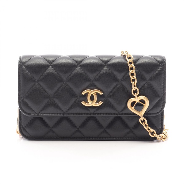 CHANEL Matelasse Chain Wallet Shoulder Crossbody Bag Lamb leather Black GHW Used