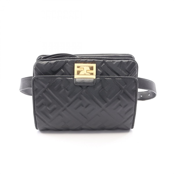 FENDI FF Embossed Upside Down Waist Belt Bum Bag 8BT305 leather Black Used Women