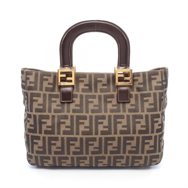 FENDI Zucca Tote Handbag canvas leather Brown Black GHW Used Women