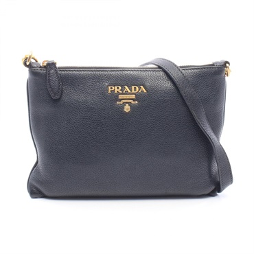 PRADA Metal logo Crossbody Shoulder Bag leather Black Used Women logo