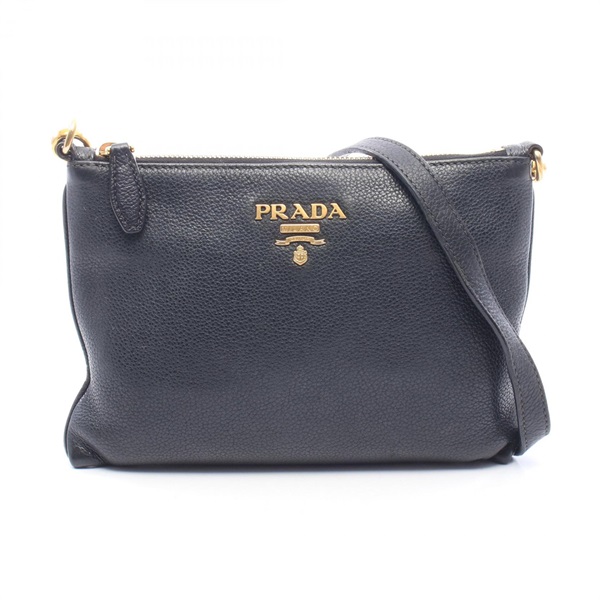 PRADA Metal logo Crossbody Shoulder Bag leather Black Used Women logo
