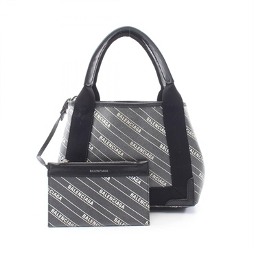 BALENCIAGA Navy Cabas XS Tote Handbag 390346 canvas leather Black Used Women
