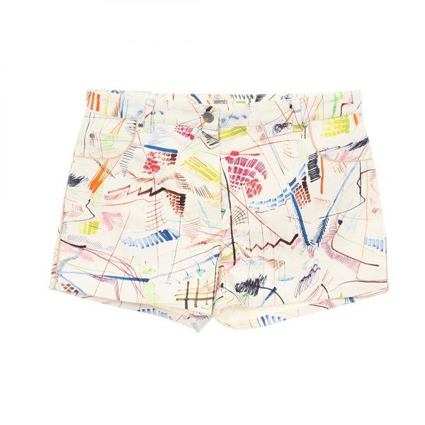HERMES All-over Print Shorts Pants #38 cotton White Multicolor Used Women