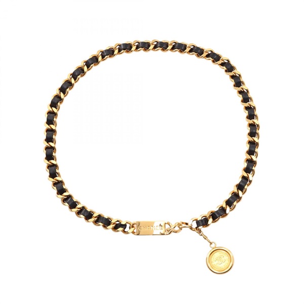 CHANEL COCO Mark Coin Chain Belt leather Gold Plated Black Used Women CC