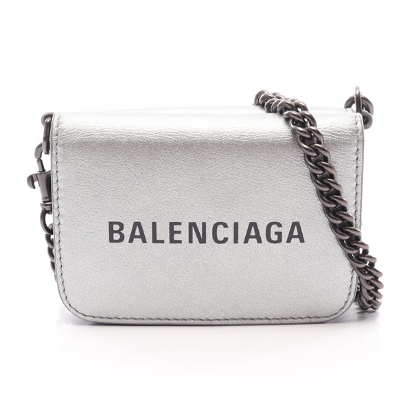 BALENCIAGA Cash Mini Chain Grained Tri-fold Wallet Bag 618145 leather Silver