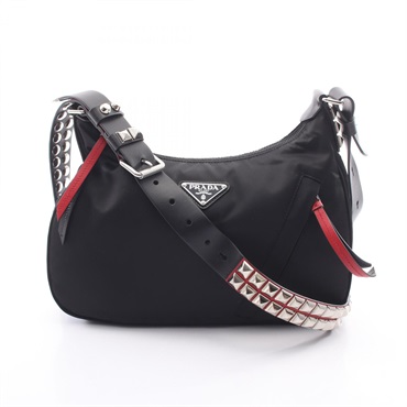 PRADA NEW VELA Studs Shoulder Bag 1BC087 Nylon leather Black Red Used women
