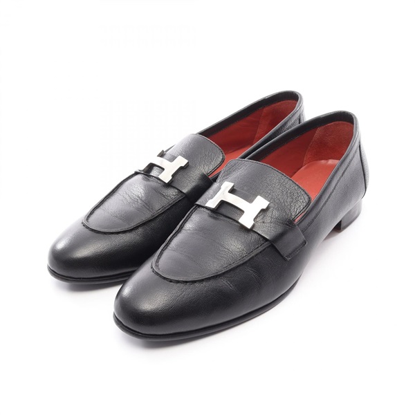 HERMES moccasins paris loafers shoes #37 flats leather Black Used Women