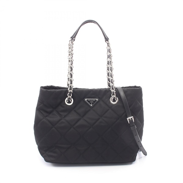 PRADA TESSUTO IMPUNTU Chain shoulder Tote Bag Nylon Saffiano leather Black Used