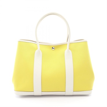 HERMES Garden Party PM Tote Handbag Toile canvas leather Lime Craie SHW Used Y