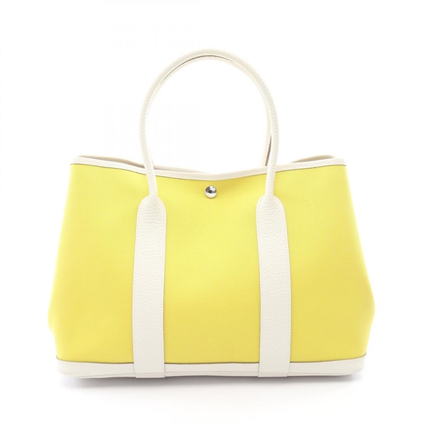 HERMES Garden Party PM Tote Handbag Toile canvas leather Lime Craie SHW Used Y