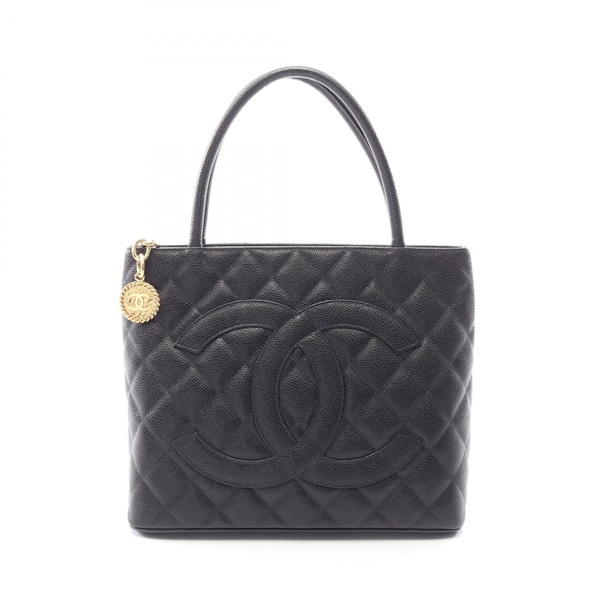 CHANEL Medallion tote hand Bag A01804 Calfskin leather Black Used Women GHW