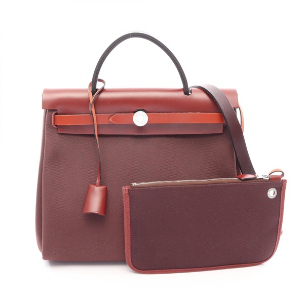 HERMES Herbag Zip PM shoulder Handbag Y Toile H Hunter Rouge H Used SHW