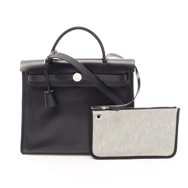 HERMES Herbag Zip PM shoulder Handbag K Toile H Berline Hunter Black Ecru SHW