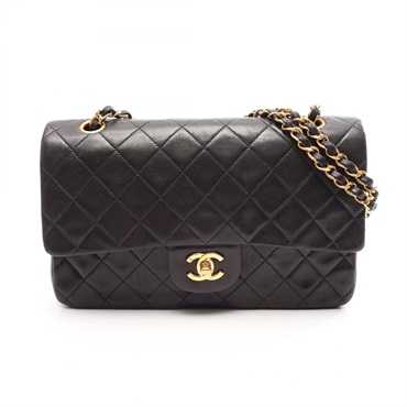 CHANEL Matelasse W flap chain Shoulder hand Bag A01112 Lambskin Black Used GHW