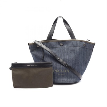 PRADA DENIM+CITY CALF Shoulder Crossbody Tote Bag 1BG244 denim leather Navy Used