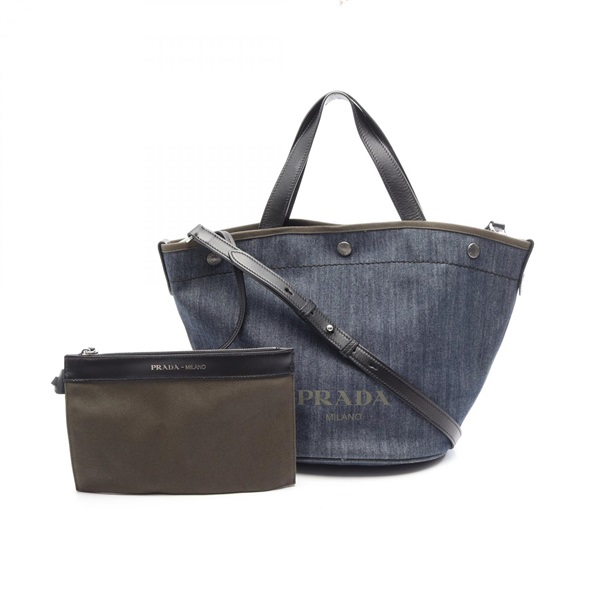 PRADA DENIM+CITY CALF Shoulder Crossbody Tote Bag 1BG244 denim leather Navy Used