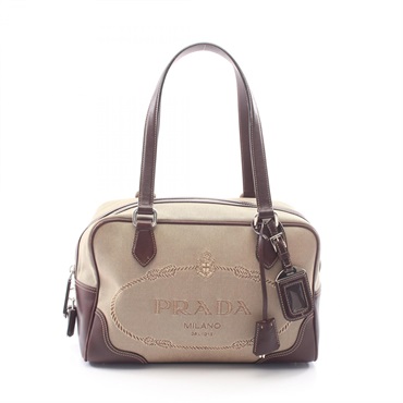 PRADA Logo Jacquard Shoulder Handbag canvas leather Beige Brown Used Women