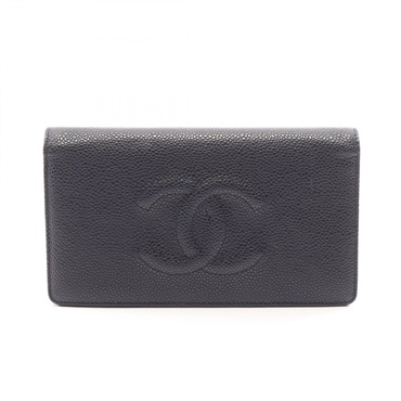 CHANEL COCO Mark Bifold purse long wallet Calfskin leather Black Used Women SHW