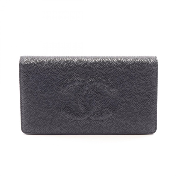 CHANEL COCO Mark Bifold purse long wallet Calfskin leather Black Used Women SHW