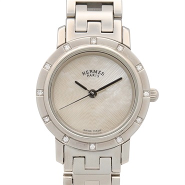 HERMES Clipper Nacre 12P Diamond Wrist Watch CL4.230 Quartz SS Used Women