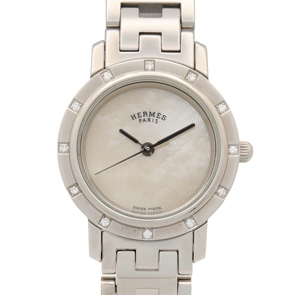 HERMES Clipper Nacre 12P Diamond Wrist Watch CL4.230 Quartz SS Used Women