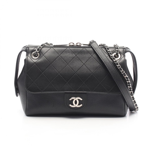 CHANEL Matelasse chain Shoulder hand Bag leather leather Black Used Women SHW