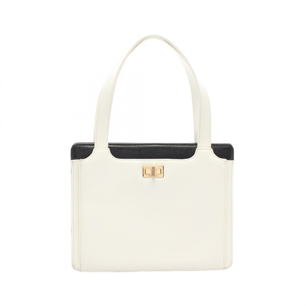CHANEL 2.55 Tote Hand Bag Grained Calfskin leather White Black Used Women GHW CC