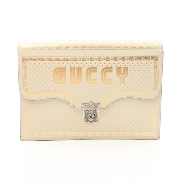 GUCCI SEGA GUCCY Clutch bag Poch leather Beige Gold Used Women