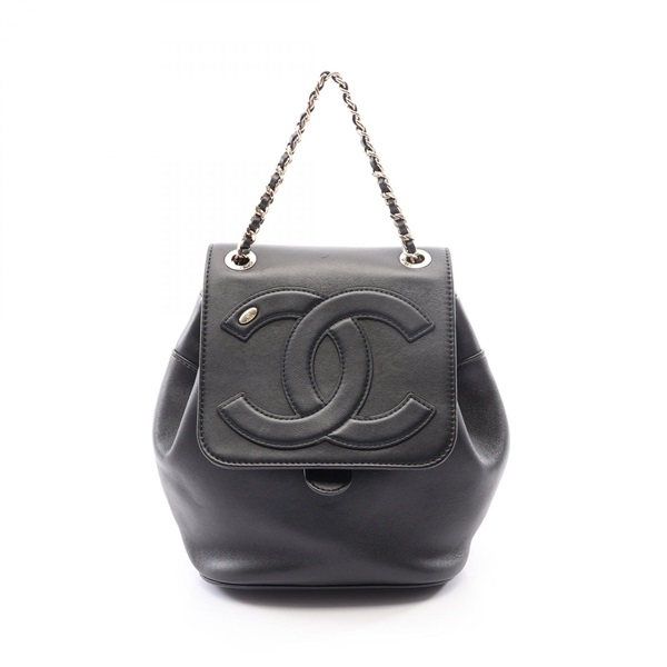 CHANEL COCO Mark Chain Rucksack Backpack Lamb leather Black Used Women GHW CC